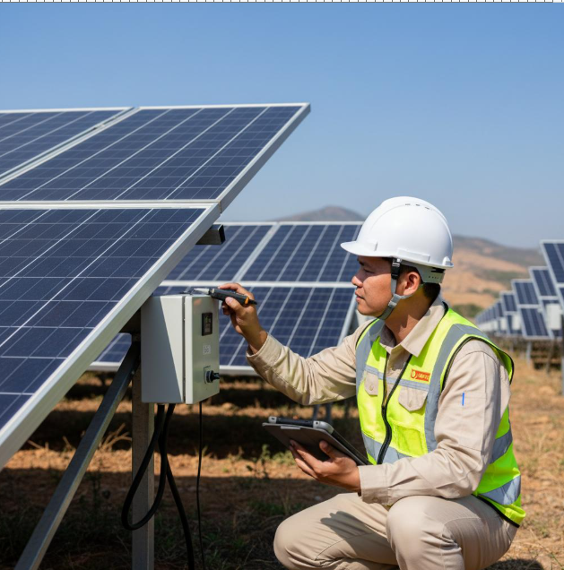 Kỹ sư chuyên nghiệp đang kiểm tra hiệu suất hoạt động của hệ thống điện mặt trời tại một dự án trọng điểm.