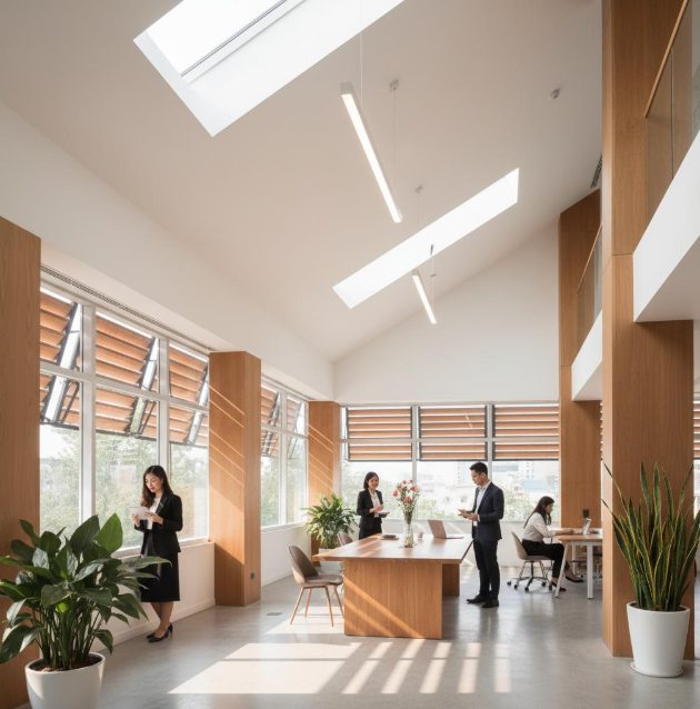 Tận dụng tối đa ánh sáng và thông gió tự nhiên là nguyên tắc cốt lõi của thiết kế kiến trúc xanh, mang lại không gian làm việc lý tưởng.