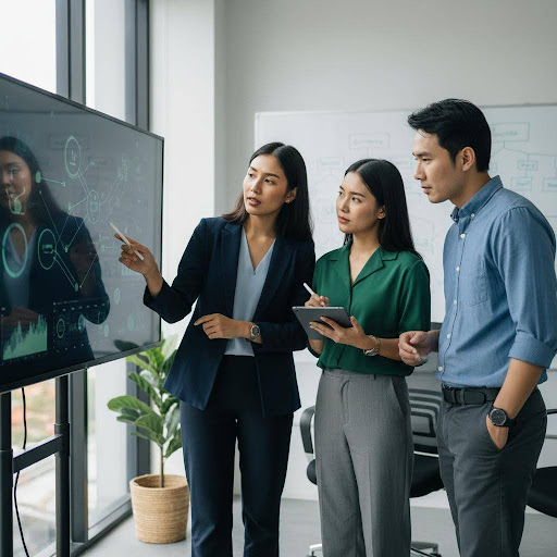 Đội ngũ chuyên gia cùng nhau phân tích dữ liệu môi trường, triển khai chiến lược kế toán xanh hiệu quả.