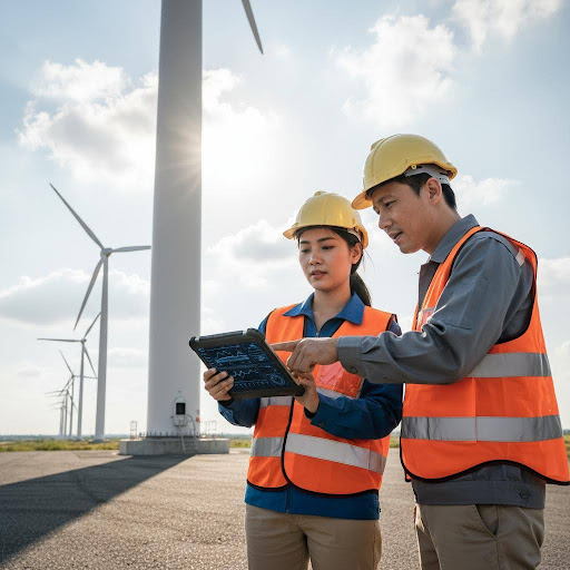 Các kỹ sư năng lượng tái tạo giám sát chặt chẽ quá trình lắp đặt và vận hành để đảm bảo hiệu quả dự án.