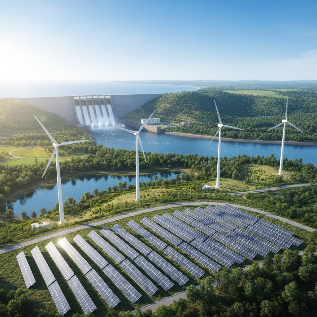 Bức tranh đa dạng của năng lượng tái tạo, bao gồm mặt trời, gió và thủy điện, cùng nhau kiến tạo tương lai xanh bền vững.