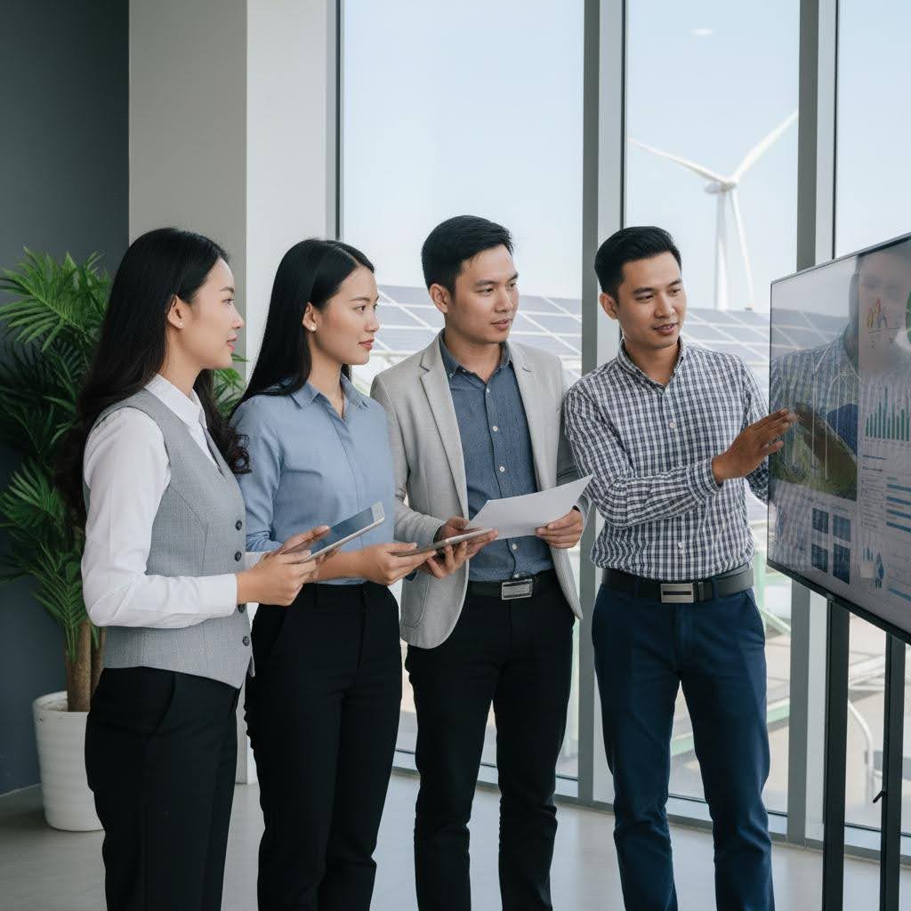 Đội ngũ chuyên gia Việt Nam hợp tác xây dựng các dự án năng lượng tái tạo, mở ra nhiều cơ hội sự nghiệp bền vững trong ngành công nghiệp xanh.