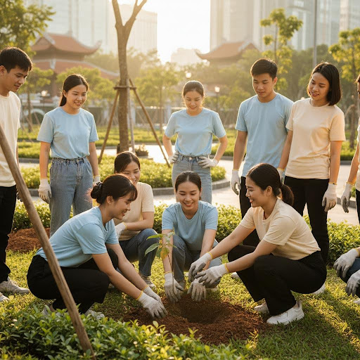 Nhân viên môi trường cùng cộng đồng chung tay xây dựng ý thức và hành động vì môi trường xanh sạch đẹp.