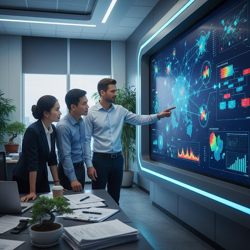 Các chuyên viên quan trắc môi trường hợp tác phân tích dữ liệu để đưa ra giải pháp bảo vệ môi trường bền vững.