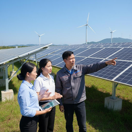Các chuyên gia Việt Nam đang triển khai và quản lý dự án năng lượng tái tạo, thể hiện ứng dụng thực tế của đầu tư xanh.